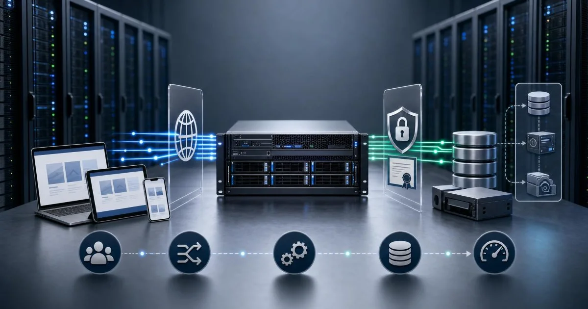 Sunucu rafları ve ağ katmanlarıyla kurumsal web hosting altyapısını anlatan sade teknoloji görseli