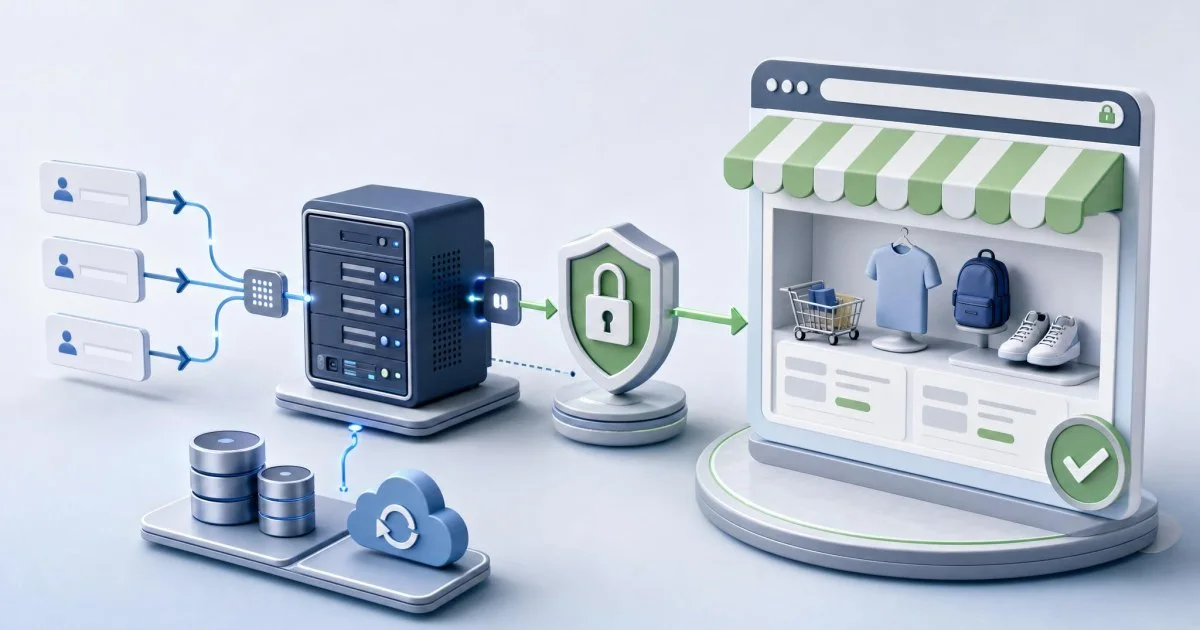 E-ticaret sitesi için hosting, SSL ve yedekleme katmanlarını gösteren sade altyapı illüstrasyonu.