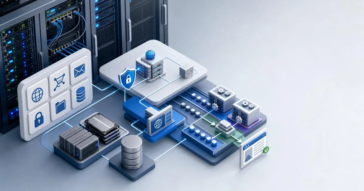 Markasız sunucu rafları, ağ bağlantıları ve güvenlik simgeleriyle ucuz web hosting seçimini anlatan sade illüstrasyon